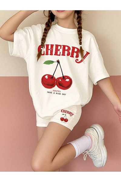 GLOWES Girl's Oversize Cherry Printed Shorts Leggings Set