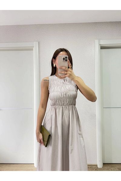 Tam12den Home Sleeveless Chest Elastic 100% Poplin Long Dress - Gray