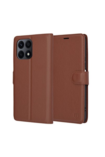 SKYDDAR INNOVATION Θήκη για Honor X8a, Δερμάτινη θήκη τύπου Folio Book, με εσωτερική θήκη, Premium φινιρίσματα, σετ αυτοκόλλητων, καφέ