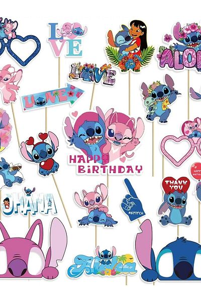 Disney 22pcs Photo Props Stitch Birthday Party Decorations Photo Booth Props Stitch Theme Youth Kids Party