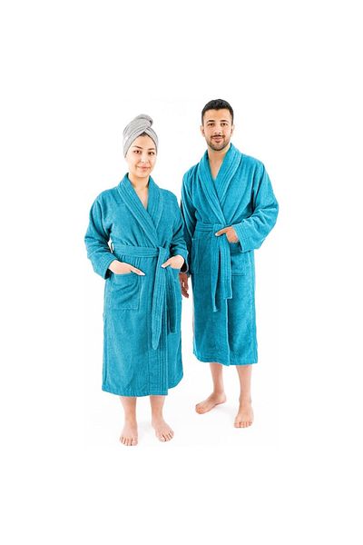 OEM Set 2 Bathrobes Premium, For Him and Her, 100% Cotton, Turquoise/Turquoise, Woman Size XL, Man Size