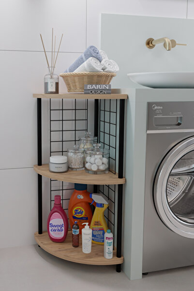 BARIN DESIGN 3 Raflıı Köşe Raf Banyo ve Çamaşır Odası Çok Amaçlı Düzenleyici Metal Gövde Çevir Kur Kolay Kurulum