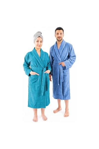 OEM Set 2 halate de baie, calitate premium, 100% bumbac, turcoaz/albastru, mărime femeie 2XL, mărime bărbat 2XL