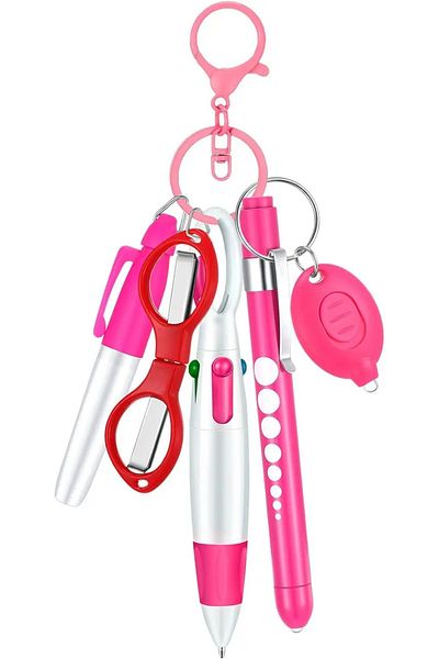 Choice black 6in1 Multifunction Retractable Ball Pen Set Flashlight Foldable Scissors Ballpoint Pen Keychai