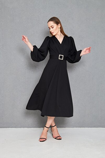 Secret Passion Lingerie Γυναικείο Πέτρινο Σχέδιο Ζώνη Μακρύ Μπαλόνι Μανίκι Διπλό Γιακά Μαύρο Midi Βραδινό Φόρεμα 77132