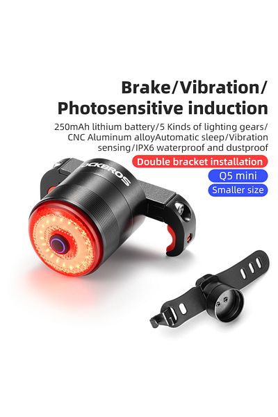 ROCKBROS Q5mini ROCKBROS Bicycle Smart Auto Brake Sensing Light IPx6 Bike Rear Light Type-C Charging Tailligh