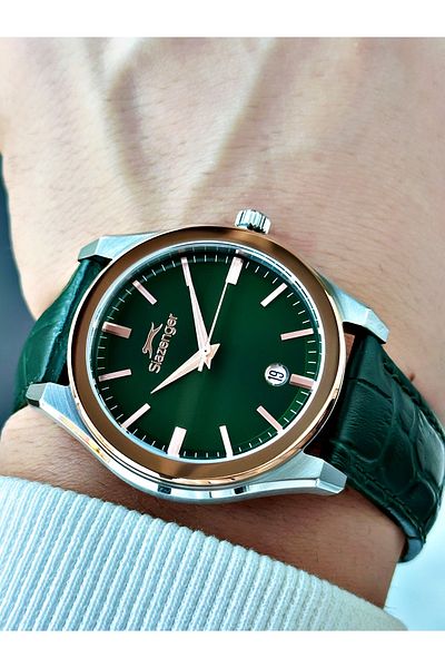 Slazenger Special Design Leather Band with Calendar Green Color Men's Wrist Watch with 24 Months Warranty 2486.03