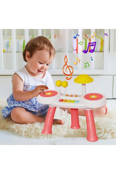 Smart Vibe Masuta Muzicala Multifunctionala 2in1 SuperStar Indiggo® cu Pian si Tobe, Virant Pink