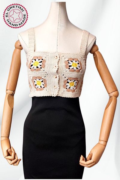 Uretti - Star 7202 9514 Hand Knitted Summer White Women's Bustier / Crop Blouse - 36/38/40 - Beige