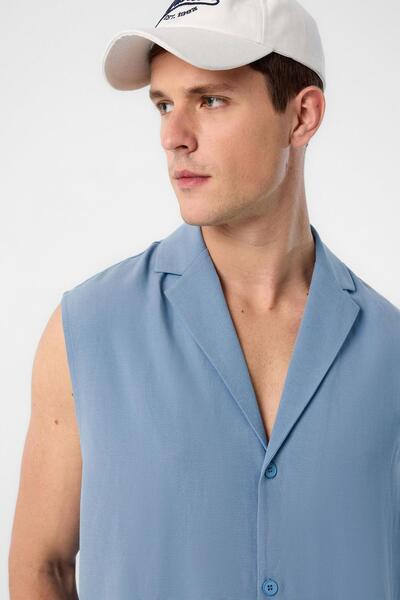 Antioch Blue Linen Blend Sleeveless Men's Shirt