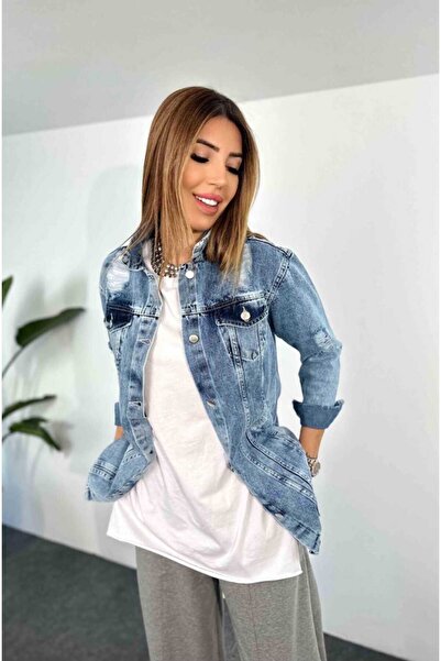 QİMYA BUTİK SAGİ JEANS Γυναικείο Κλασικό μακρύ τζιν ΜΠΟΥΦΑΝ με σκισμένη λεπτομέρεια