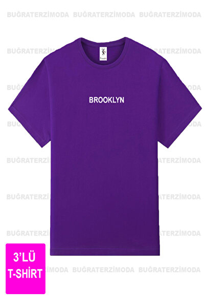 Buğraterzimoda Unisex Brooklyn Printed 3 Pack Μπλουζάκι ροζ-μωβ-μαύρο oversize