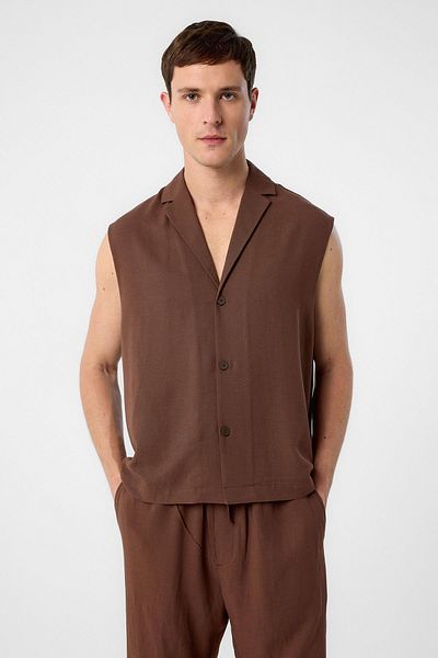 Antioch Coffee Linen Blend Sleeveless Men's Shirt