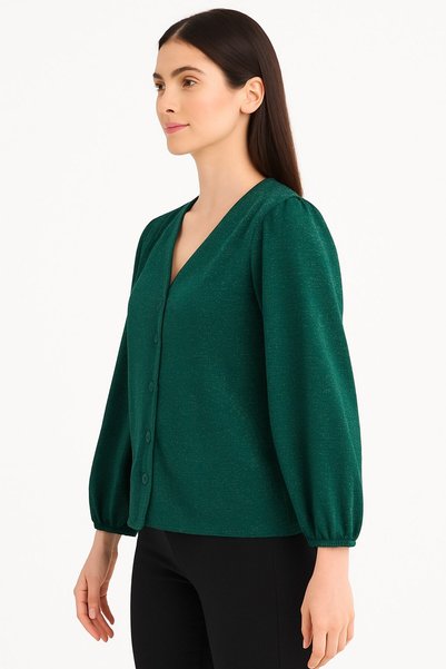 Kübra Tekstil بلوزة نسائية خضراء بأكمام بالونية منقوشة من Lupinn Fashion - تصميم عصري لمجموعات كاجوال وأنيقة