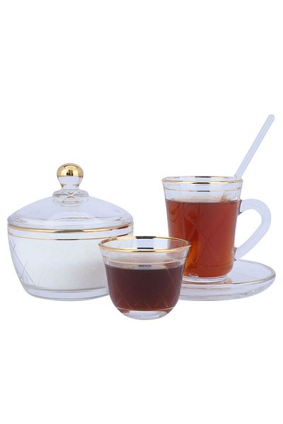 Alsaif Gallery Tea and Coffee Serving Set, Golden Lines, 26 Pieces - Transparent