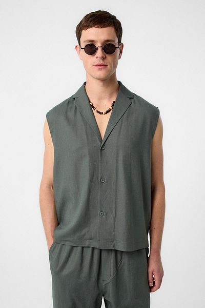Antioch Khaki Linen Blend Sleeveless Men's Shirt