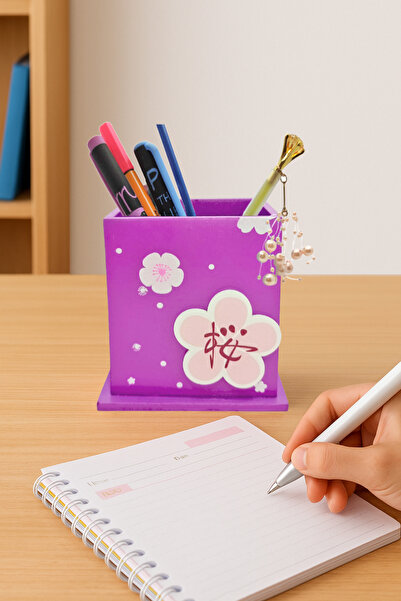 Limmy Suport pentru stilou de birou din lemn cu model de flori violet - 1 bucată