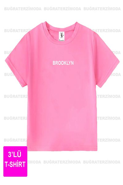 Buğraterzimoda Unisex Brooklyn Printed 3 Pack Μπλουζάκι ροζ-μωβ-μαύρο oversize
