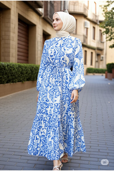 Sargınlar Tropikal Desenli Krep Elbise | Uzun Kollu Beli Kuşaklı İç Göstermeye Yazlık-Plaj-Günlük Elbise