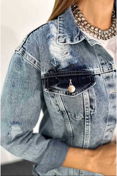 QİMYA BUTİK Sagi Jeans Women's Ripped Detailed Basen Boy Classic Long Denim Jacket