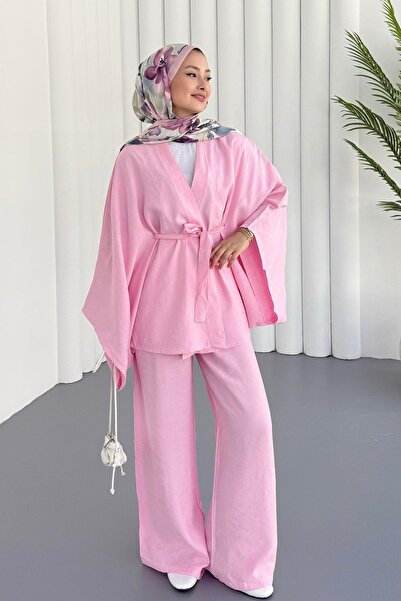 Modaensarbutik Yarasa Kol Taş Serpmeli Kimono Tesettür Takım-PEMBE