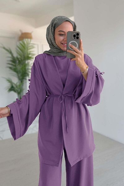 Ka Hijab Triple Suit with Bow Detail Tied Sleeves - Lilac