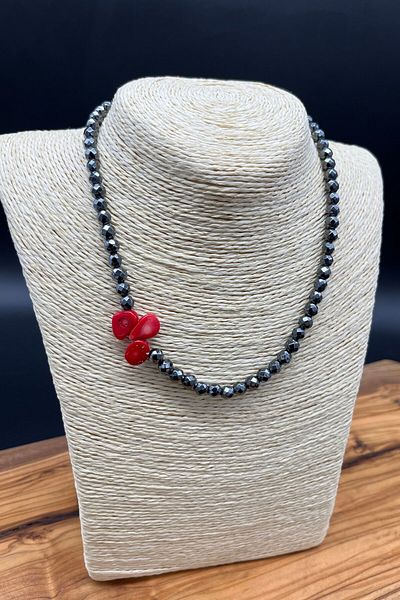 Balzamin Design Night and Kora – Hematite & Coral Natural Stone Steel Necklace