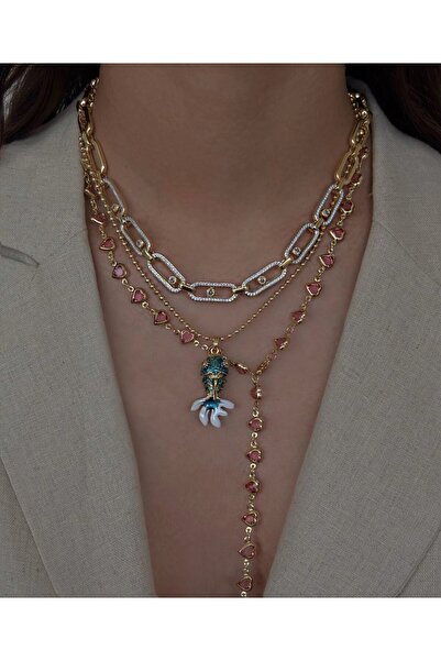 h&b design jewel Çelik Gold Pembe Kalpli Y Kolye