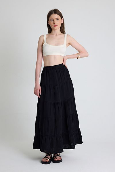 Rays Black Linen Look 100% Cotton Layered Long Skirt 4801A