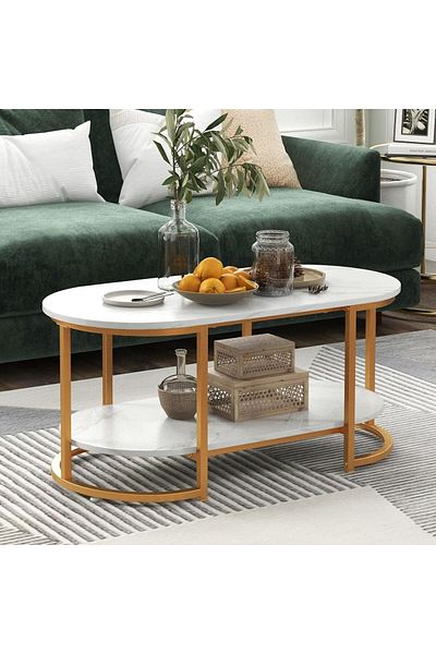 Generic ME MAHARANI ENTERPRISES Modern Oval Coffee Table, Marble Top, 2-Tier Storage Shelf, Gold Metal Frame
