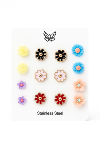 MakeWell Papatya Çiçek Gül Tasarımlı 7'lı Çelik Vidalı Çocuk Küpe Seti