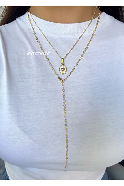 aksesuaris 2'li Kalp Zincir Dekolte Gold Kolye Kombin Set