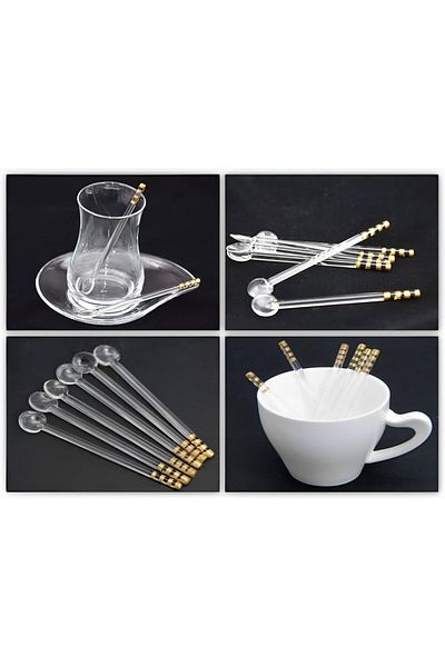 Üncam Set of 18 Glass Spoon Sets with Elegant Gold Spiral Design – Premium Tea & Dessert Serving Utensils