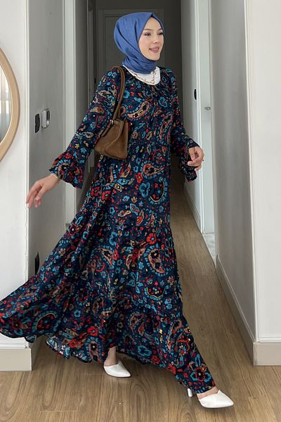 SaklıButik Madonna Collar Shawl Pattern Dress