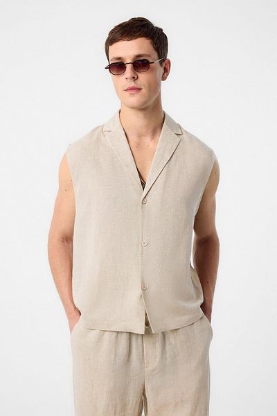 Antioch Beige Linen Blend Sleeveless Men's Shirt