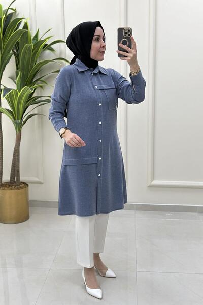 sff Önü Çıtçıtlı Fermuar Aksesuarlı Kadın Tunik Mavi SFF 1405