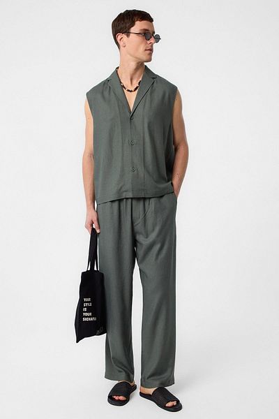 Antioch Khaki Linen Blend Sleeveless Men's Shirt