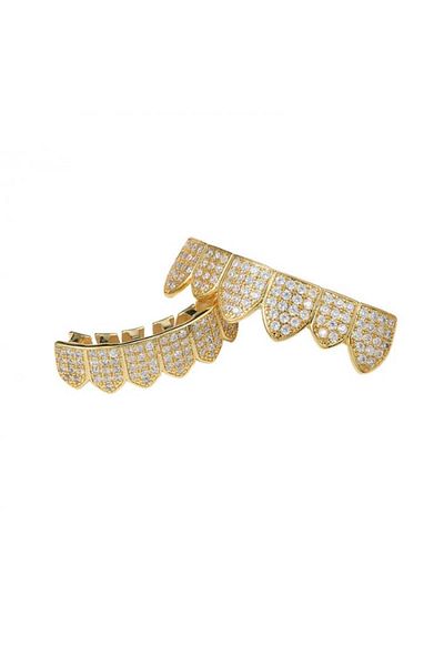 Tessero Set of two teeth veneers, upper and lower, Grillz Hip Hop model, Iced Out, day stones