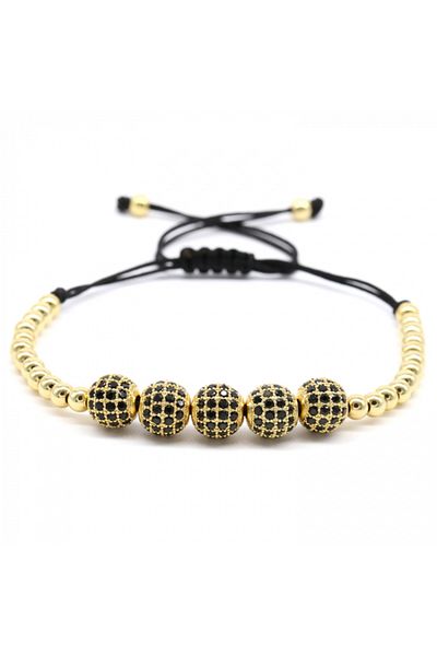 Tessero Luxury beaded bracelet, disco ball CZ, macrame, adjustable on cord, black zircon stones, plated