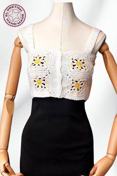 Uretti - Star 7202 0063 Hand Knitted Summer White Women's Bustier / Crop Blouse - 36/38/40 - Yellow