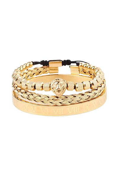 Tessero Set of three luxury stainless steel bracelets, lion head pattern and Roman numerals, gold plated 2