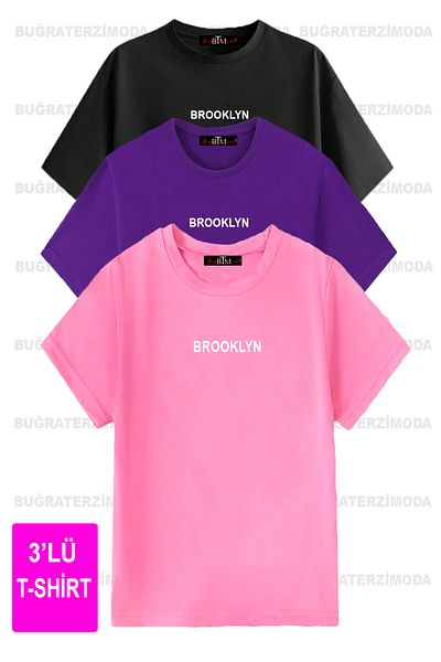 Buğraterzimoda Unisex Brooklyn Printed 3 Pack Μπλουζάκι ροζ-μωβ-μαύρο oversize