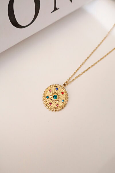 DEMOKAN Kadın Çelik Kolye Yuvarlak Plaka Renkli Zirkon Taş Güneş Kolye