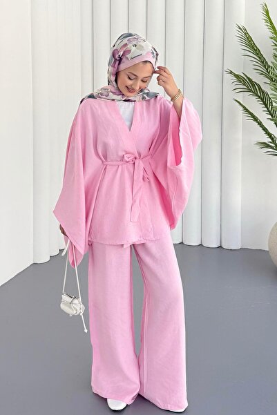Modaensarbutik Yarasa Kol Taş Serpmeli Kimono Tesettür Takım-PEMBE