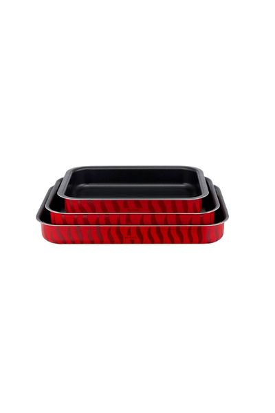 TEFAL 3-Piece Tempo Flame Non-Stick Aluminium Baking Oven Dish Set Red and Black