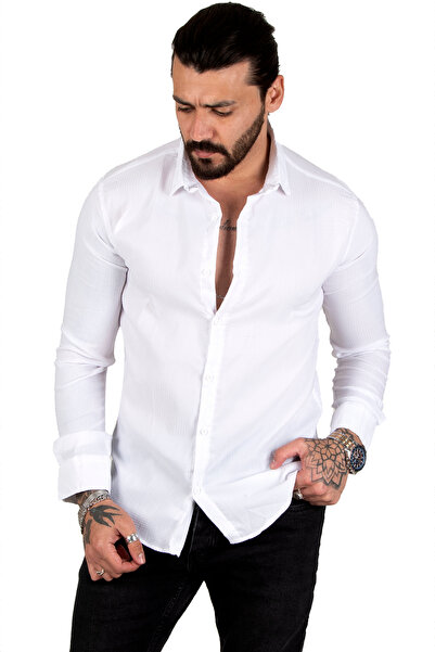 Rizz up Beyaz Noktalı Dar Kesim Düğmeli Likralı Uzun Kollu Erkek Gömlek 2001810