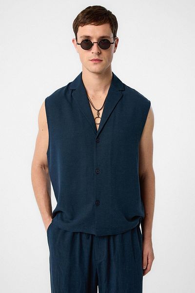 Antioch Navy Blue Linen Blend Sleeveless Men's Shirt