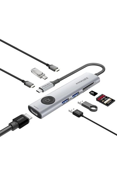 Promate موزع بيانات USB-C عالي السرعة 9 في 1 مع منفذين بسرعة 5 جيجابت في الثانية، وتوصيل طاقة 100 وات، وHDMI بدقة 4K بمعدل 60 هرتز، S