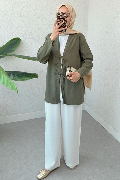 Salih Çelebi Three Lace Hijab Kimono 2339 - Khaki