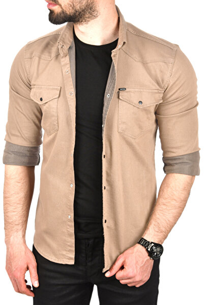 DeepSEA Erkek Bej Slim Fit Pamuklu Çift Cepli Kot Gömlek Çıtçıtlı Uzun Kollu ...